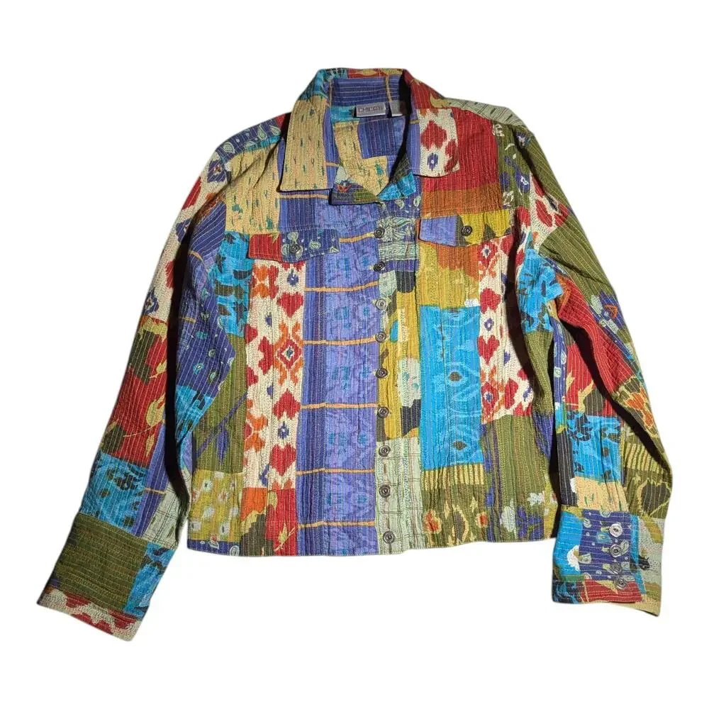 Vtg 1990s Chico's Colorful Patchwork Quilted Button Up 100% Cotton Jacket 2 L